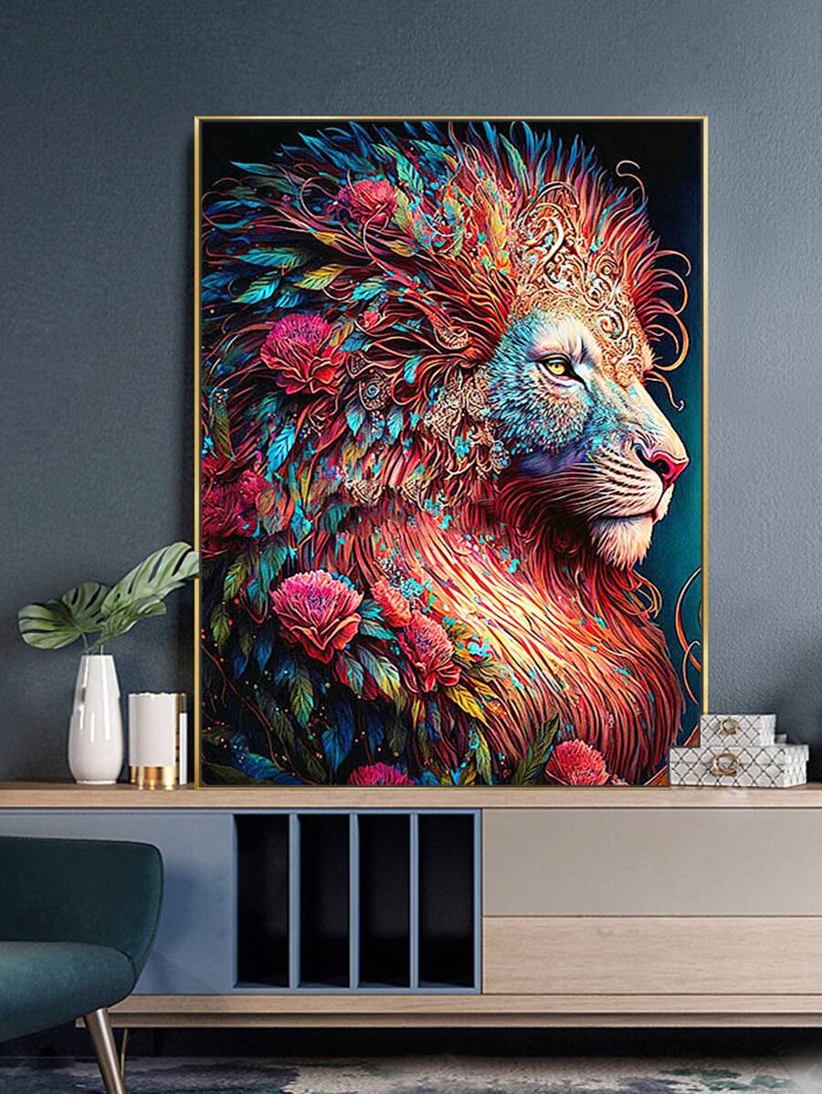 1set ABS DIY Diamond Painting Without Frame, Flower & Lion Pattern DIY Diamond Unframed Painting For Home Decor, Gift - Multicolor - View 1