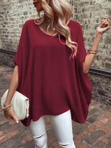 SHEIN LUNE Blusa unicolor de manga murciélago - Burdeos - Ver 3