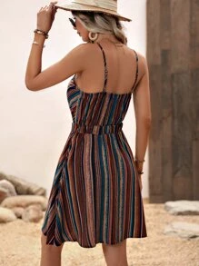 Breezaya Striped Print Cami Dress Vacation Beach Outfits Women - Coffee Brown - View 2