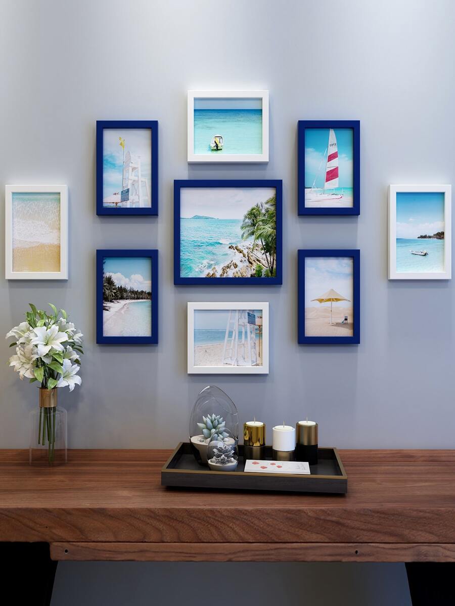 9pcs Photo Frame With Mixed Pattern Inner Paper, Modern PS Poster Display Stand Frame For Home Decoration - Blue and White - View 1