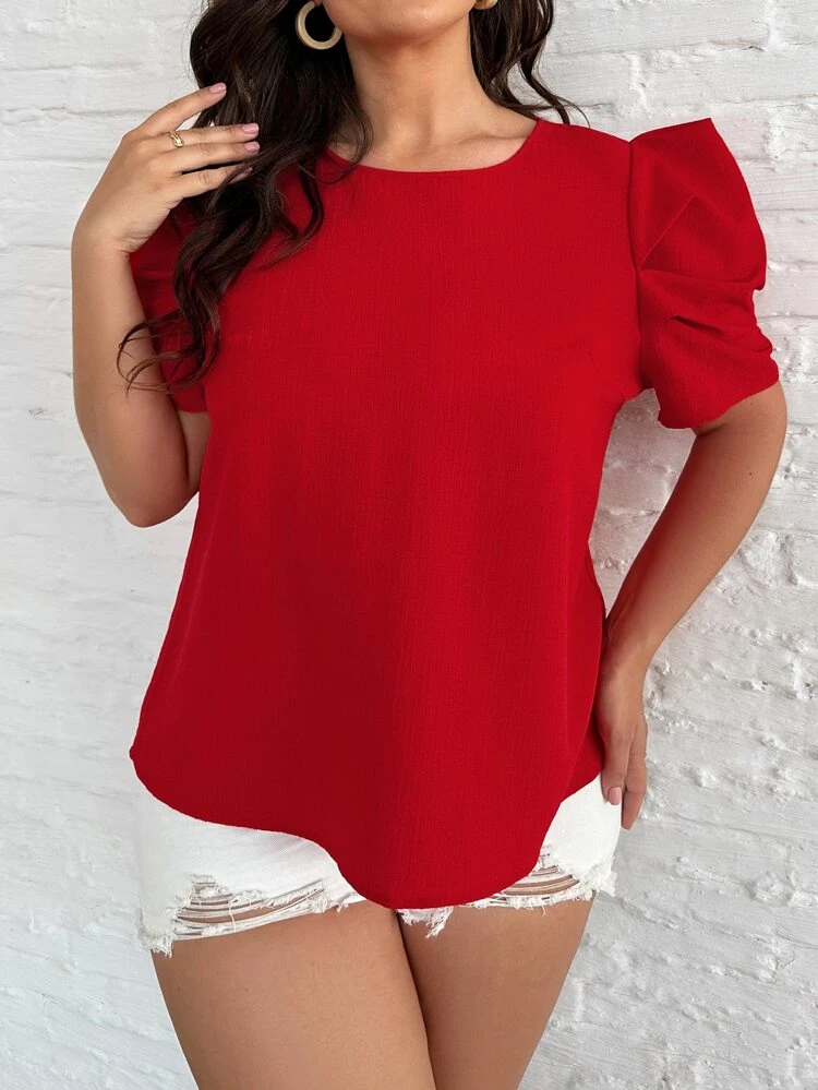 Plus Solid Puff Sleeve Blouse Summer Tops Valentine Outfits For Women Elegant Red Top