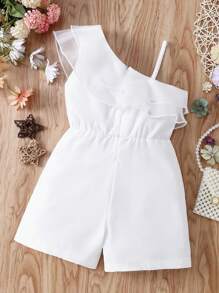 Niñas Mono de cuello asimétrico ribete con fruncido - Blanco - Ver 2