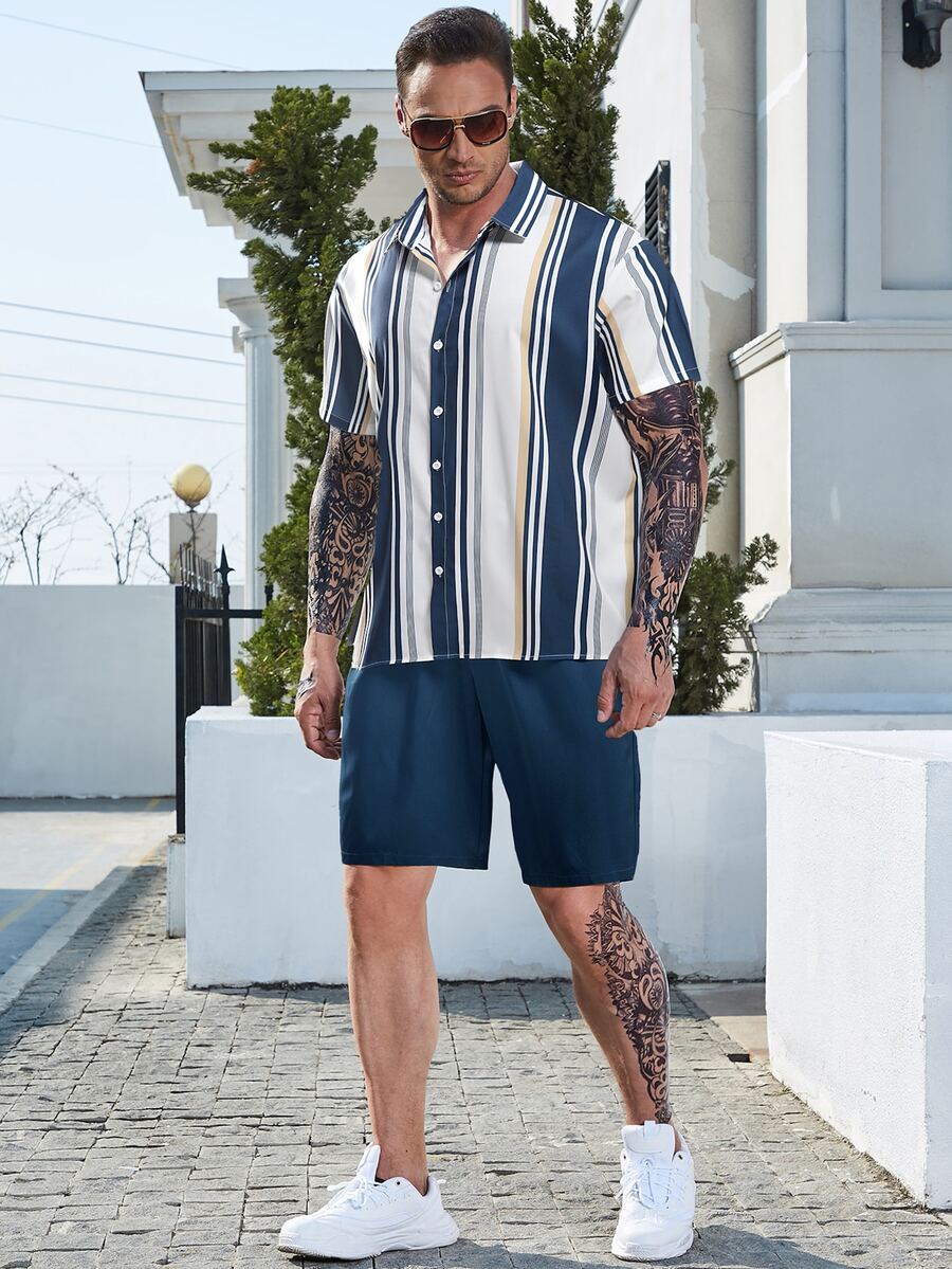 Manfinity Men Plus Striped Print Shirt & Shorts - Blue and White - View 1