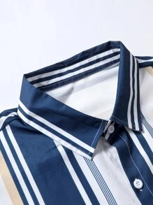 Manfinity Men Plus Striped Print Shirt & Shorts - Blue and White - View 4