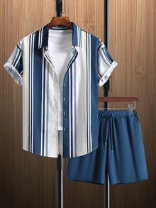 Manfinity Men Plus Striped Print Shirt & Shorts - Blue and White - View 5