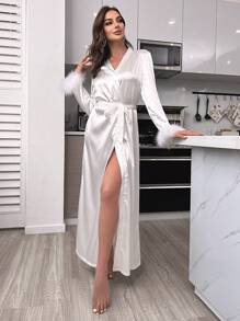 Fuzzy Trim Belted Robe - White - View 1