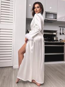 Fuzzy Trim Belted Robe - White - View 2