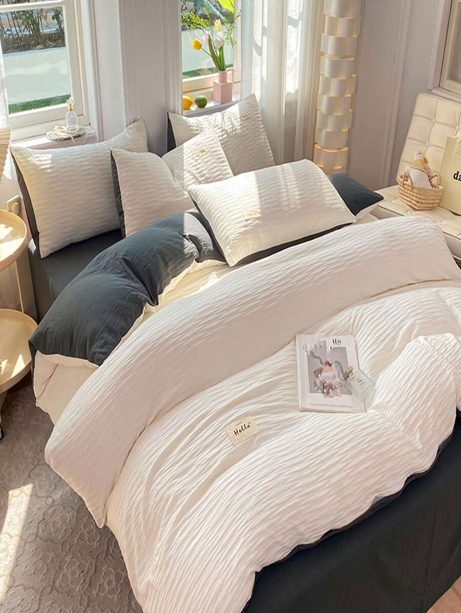 4入組套無填充物雙色被套1入組被套和1入組床單和2入組枕套極簡主義布藝字母拼貼裝飾床上用品套裝 - 米色 - 查看 1