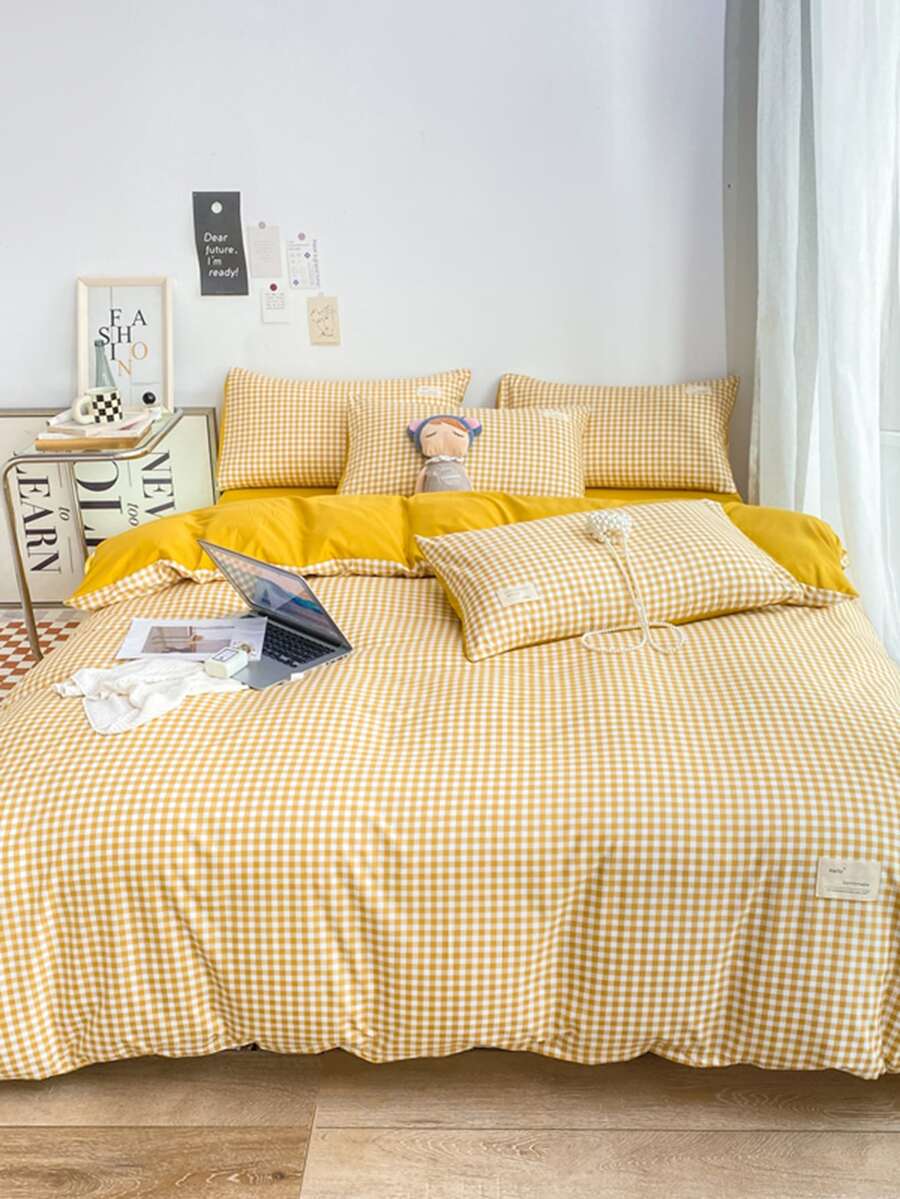 1pc Gingham Pattern Duvet Cover Without Filler, Modern Polyester Letter Patch Decor Bedding Duvet Cover For Bedroom - Yellow - View 1