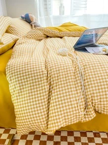 1pc Gingham Pattern Duvet Cover Without Filler, Modern Polyester Letter Patch Decor Bedding Duvet Cover For Bedroom - Yellow - View 2