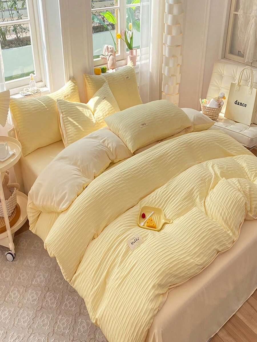 4入組套無填充物雙色被套1入組被套和1入組床單和2入組枕套極簡主義布藝字母拼貼裝飾床上用品套裝 - 黃色 - 查看 1