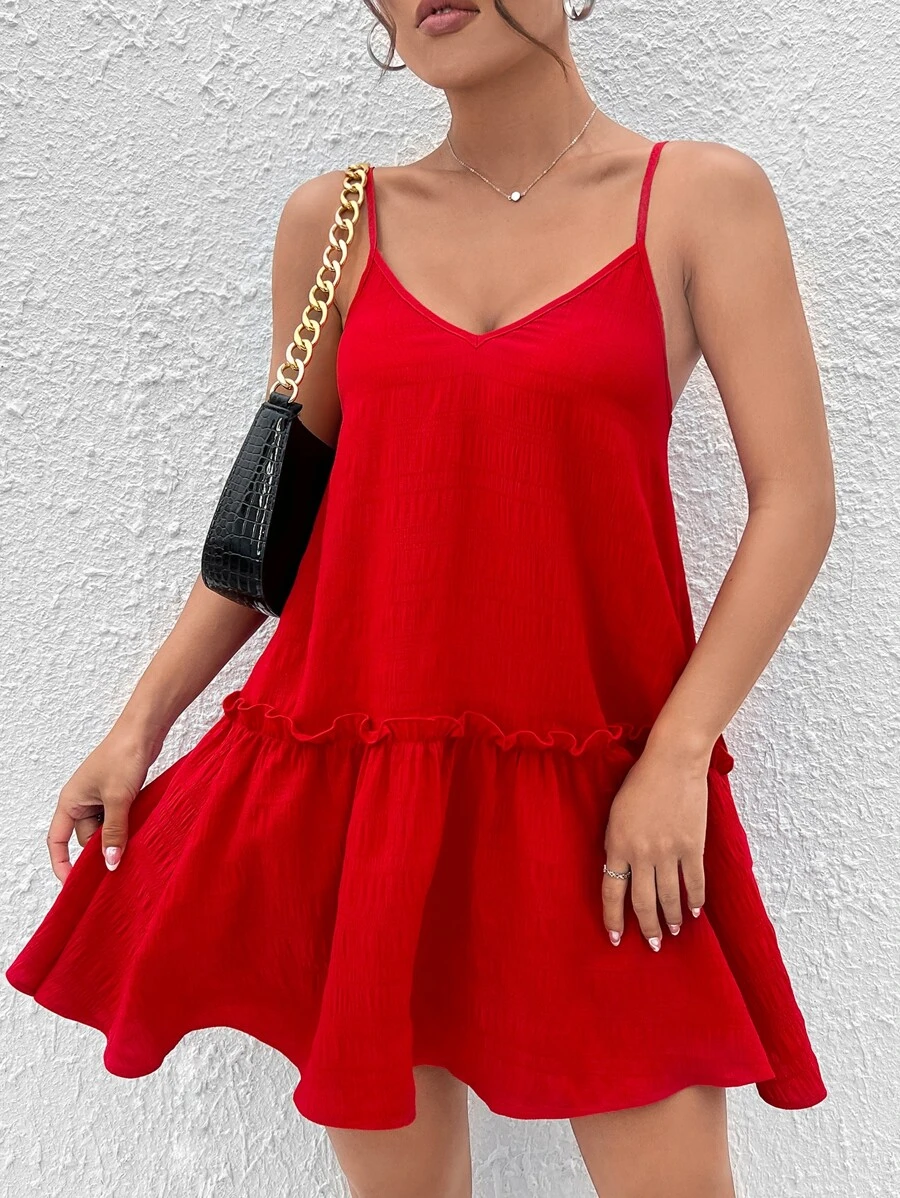 SHEIN PETITE Frill Trim Ruffle Hem Cami Dress - Red - View 1