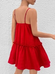 SHEIN PETITE Frill Trim Ruffle Hem Cami Dress - Red - View 2