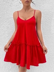 SHEIN PETITE Frill Trim Ruffle Hem Cami Dress - Red - View 3