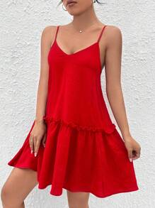SHEIN PETITE Frill Trim Ruffle Hem Cami Dress - Red - View 5