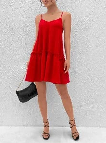 SHEIN PETITE Frill Trim Ruffle Hem Cami Dress - Red - View 6