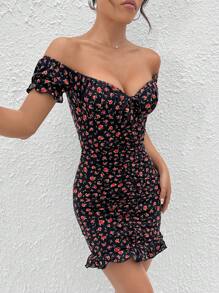 SHEIN PETITE 碎花一字肩前打結褶邊荷葉邊緊身洋裝 - 彩色 - 查看 3