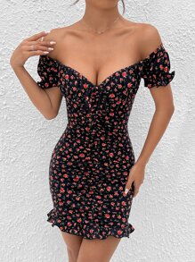 SHEIN PETITE 碎花一字肩前打結褶邊荷葉邊緊身洋裝 - 彩色 - 查看 5