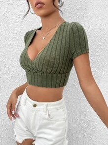 SHEIN PETITE Surplice Neck Crop Tee - Army Green - View 4