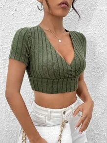 SHEIN PETITE Surplice Neck Crop Tee - Army Green - View 5