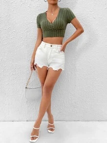 SHEIN PETITE Surplice Neck Crop Tee - Army Green - View 7