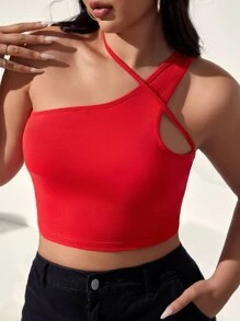 SHEIN EZwear 大碼素色不對稱領短款上衣 - 紅色 - 查看 1