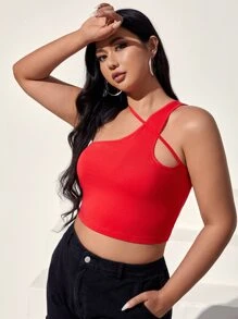 SHEIN EZwear 大碼素色不對稱領短款上衣 - 紅色 - 查看 3