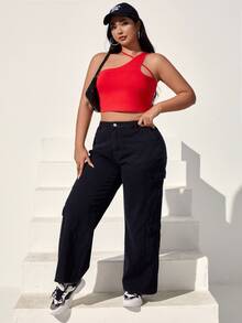 SHEIN EZwear 大碼素色不對稱領短款上衣 - 紅色 - 查看 4