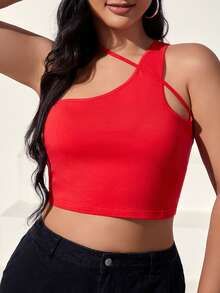 SHEIN EZwear 大碼素色不對稱領短款上衣 - 紅色 - 查看 5