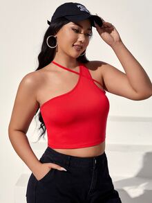 SHEIN EZwear 大碼素色不對稱領短款上衣 - 紅色 - 查看 6