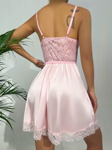 Váy ngủ & áo ngủ Nữ Tương phản ren màu trơn Gợi cảm - Màu Hồng baby - Xem 2