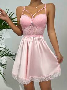 Váy ngủ & áo ngủ Nữ Tương phản ren màu trơn Gợi cảm - Màu Hồng baby - Xem 4