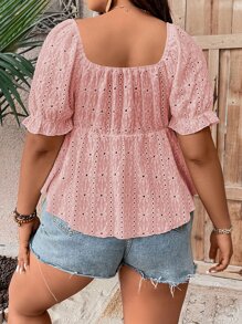 Breezaya Plus Eyelet Embroidery Puff Sleeve Peplum Tee