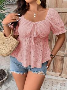 Breezaya Plus Eyelet Embroidery Puff Sleeve Peplum Tee
