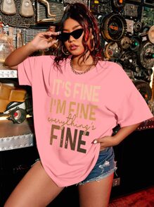 Flirla 大碼標語圖案落肩T恤 - 粉色 - 查看 3