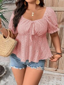 Breezaya Plus Eyelet Embroidery Puff Sleeve Peplum Tee