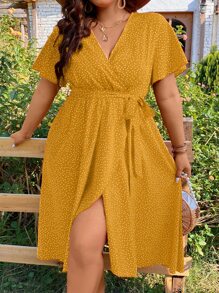 SHEIN Clasi 大碼波點圖案側打結圍裹式洋裝 - 黃色 - 查看 1