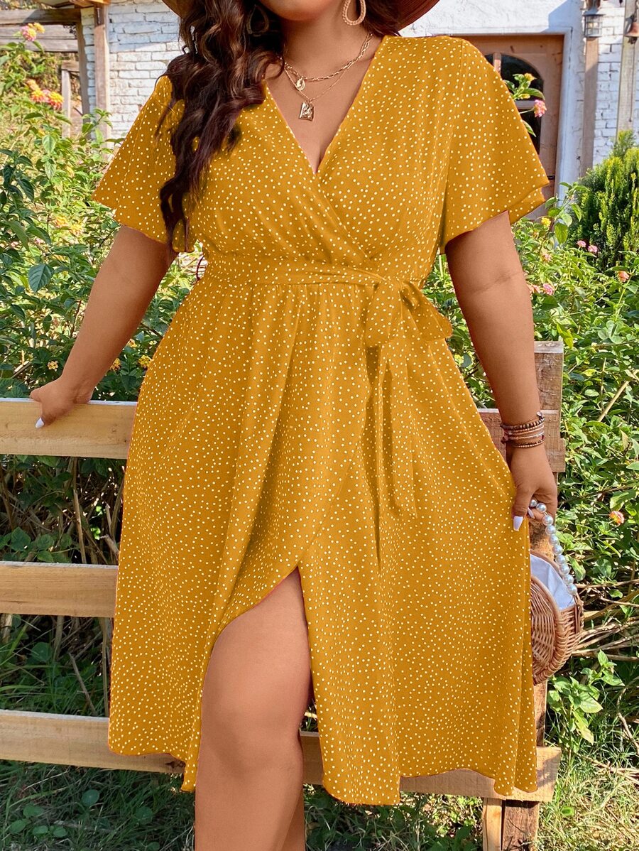 SHEIN Clasi 大碼波點圖案側打結圍裹式洋裝 - 黃色 - 查看 1