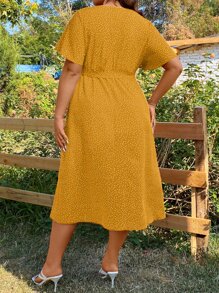 SHEIN Clasi 大碼波點圖案側打結圍裹式洋裝 - 黃色 - 查看 2