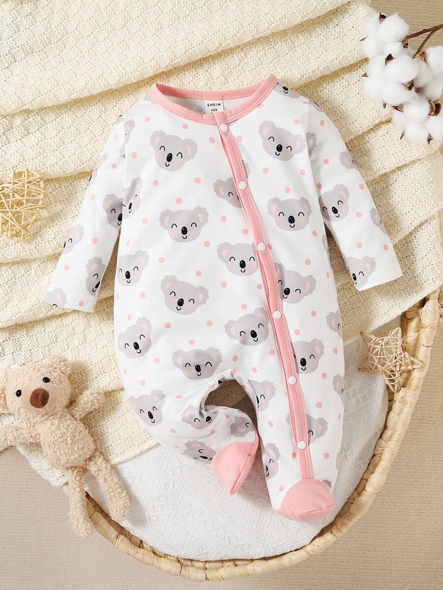 SHEIN Jumpsuit De Sono Com Pé, Botão Frontal E Estampa De Coala Para Bebê Menina - Branco - Visão 1