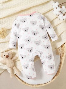 SHEIN Jumpsuit De Sono Com Pé, Botão Frontal E Estampa De Coala Para Bebê Menina - Branco - Visão 2