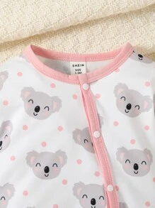 SHEIN Jumpsuit De Sono Com Pé, Botão Frontal E Estampa De Coala Para Bebê Menina - Branco - Visão 5