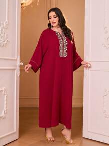 Al Najma Plus Notched Neckline Contrast Piping Batwing Sleeve Dress - Red - View 3