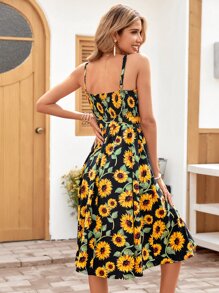 SHEIN VCAY 1Pc Allover Sunflower Print Belted Cami Dress Women Sundress