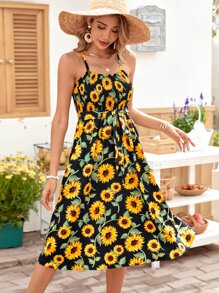 SHEIN VCAY 1Pc Allover Sunflower Print Belted Cami Dress Women Sundress