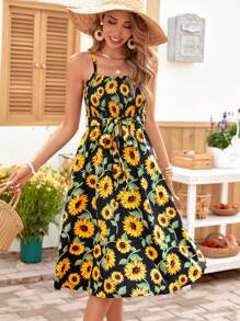 SHEIN VCAY 1Pc Allover Sunflower Print Belted Cami Dress Women Sundress
