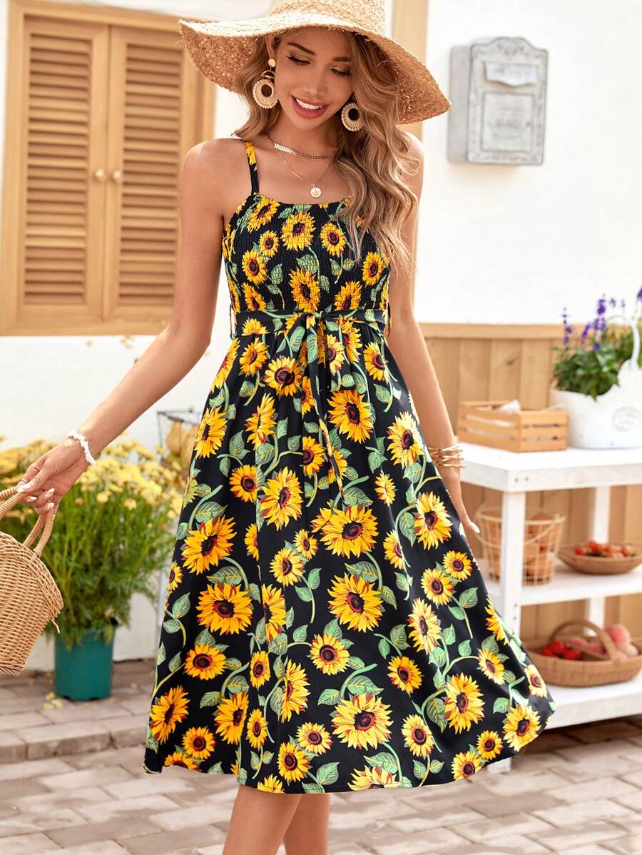 SHEIN VCAY 1Pc Allover Sunflower Print Belted Cami Dress Women Sundress