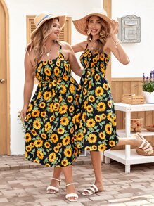 SHEIN VCAY 1Pc Allover Sunflower Print Belted Cami Dress Women Sundress