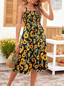 SHEIN VCAY 1Pc Allover Sunflower Print Belted Cami Dress Women Sundress