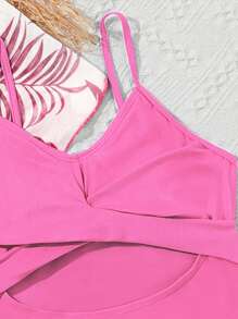 SHEIN 青少年女孩鏤空連體泳衣帶熱帶圖案和服罩衫 - 彩色 - 查看 3